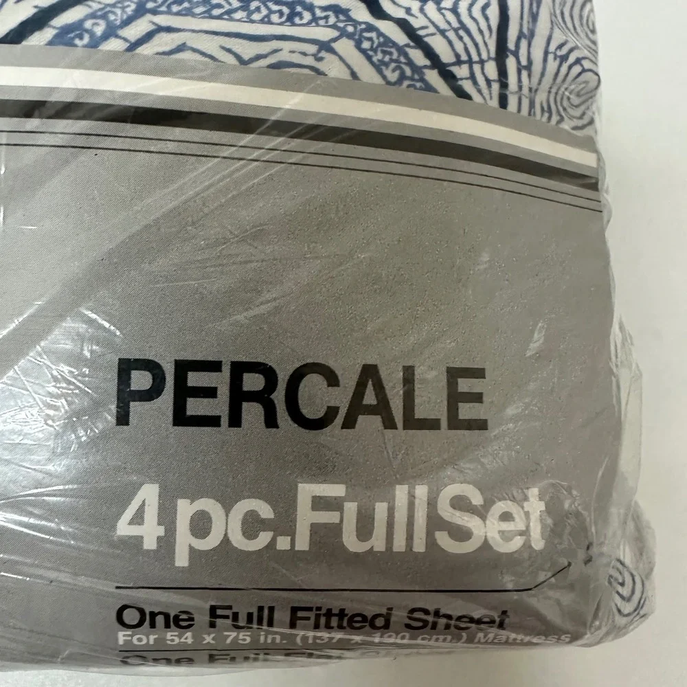 Night Line Vintage Blue White Geometric Percale 4pc Full Sheet Set No-Iron NEW